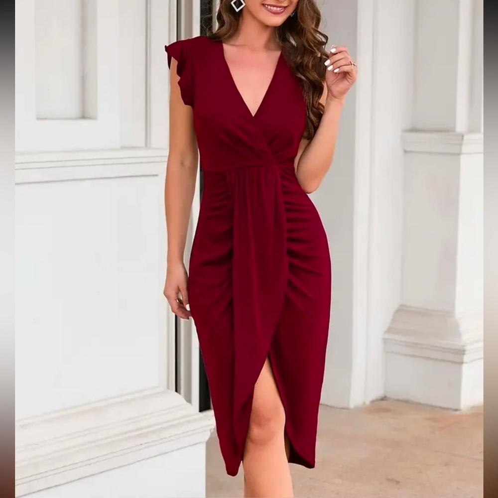 Solid Surplice Neck Ruched Dress, Elegant Flutter Sleeve Asymmetrical Hem Dress - Picture 5 of 6